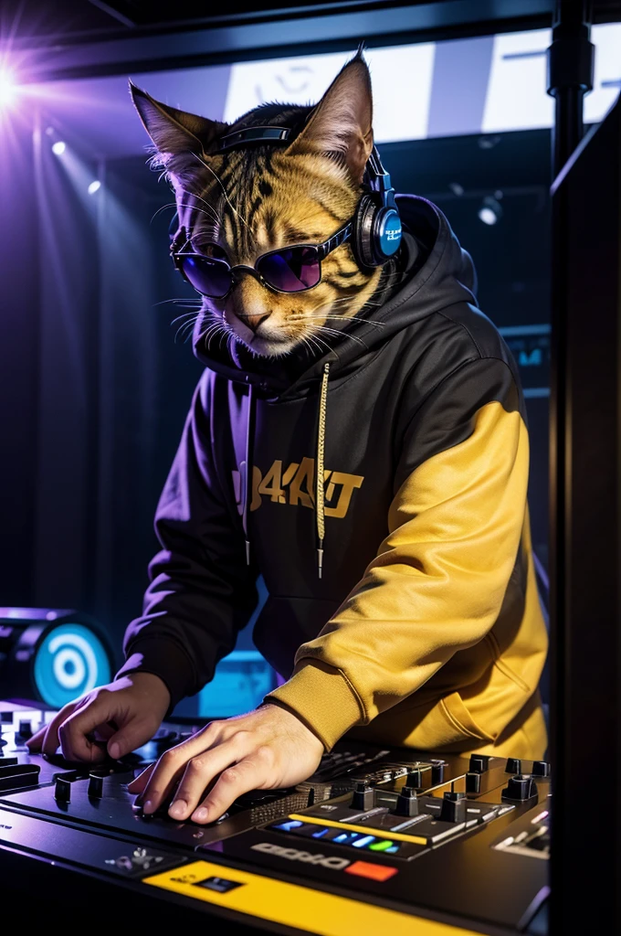 Create an ultra-realistic 4K photo of a DJ cat. The cat is wearing headphones, a hoodie, and sunglasses. The setting is a DJ booth with vibrant lighting, and the cat looks focused on mixing music.",
  "size": "1024x1024"