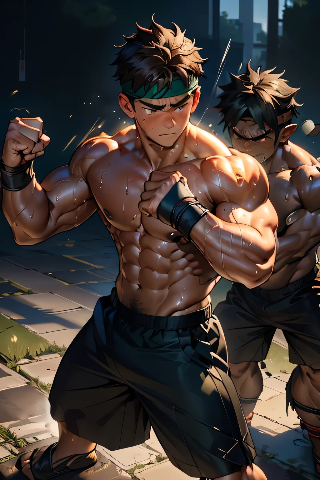 (Masterpiece, Best quality  boy, black background, looking away, cowboy shot), ((((solo, a young boy fighting a fat ork monster, intense battle scene,heroic figure, (very exhausted, drenched with sweat))))), , Young, boy, muscler, Shirtless, (Dark Short straight hair, almost completely shaved hair, under cut, brown eyes), (red headband), ((hot Abs:1.2, big breast:1.2, upper arms, jacked muscle, beautiful musculature, aesthetic striations, inspirational physique, lean muscle, square pecs, beautiful v-taper, great abs and torso), Vivid colors, detailed face, detailed muscle, (((rippling muscles, struggle, combats, fighting pose, serious, battle, martial arts stance, strong and powerful stance, ready to fight, fighting stance, (make a fist), in fight with huge fat ork)))