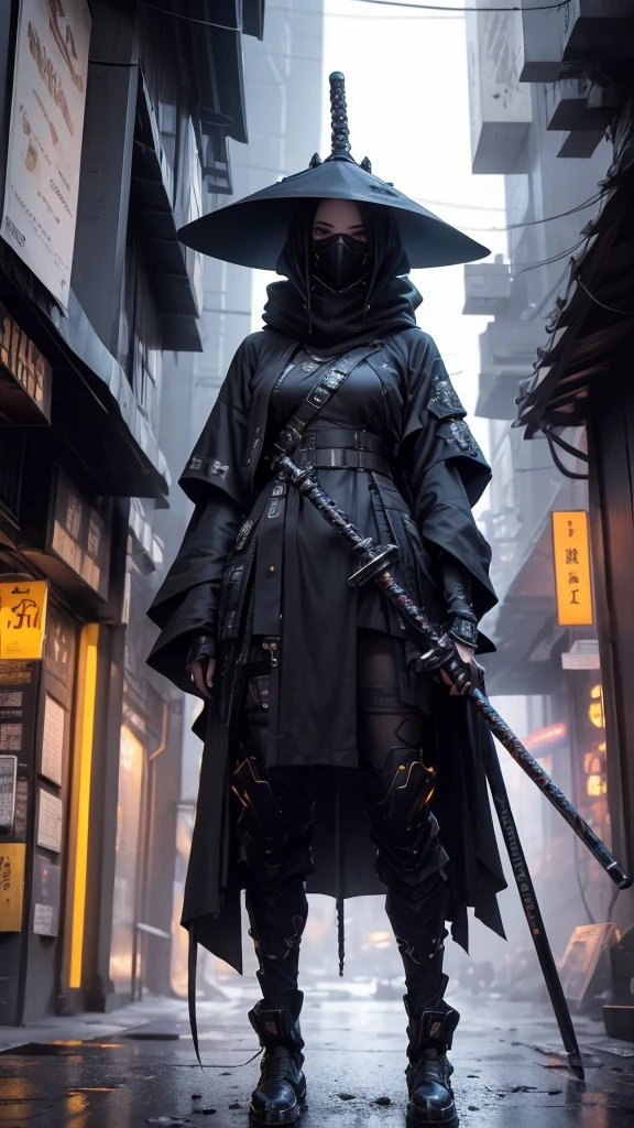 A nomadic robot, in the desert, wearing a messy shawl, holding a staff, wearing a large metal hat, rough, rusty, dusty body, thin frame, tall, cyberpunk, Cyborg., Surreal version of a woman holding a sword in her hand, very beautiful cyberpunk samurai, anime cyberpunk art, cyberpunk samurai, cyberpunk anime art, cyberpunk anime, cgsociety 9, technical cyberpunk anime art number, maciej's style kuciara.1girl, samurai armor, demon mask helmet, intricate decorations, details, cool colors, metallic, Egyptian details, extremely intricate details, sleek realistic lighting , trends in cgs society, glowing eyes, facing camera, neon details, surreal details, full body portraits, Japanese atmosphere, global illumination, shadows, octane rendering, 8k, super sharp. great lolita.fix body