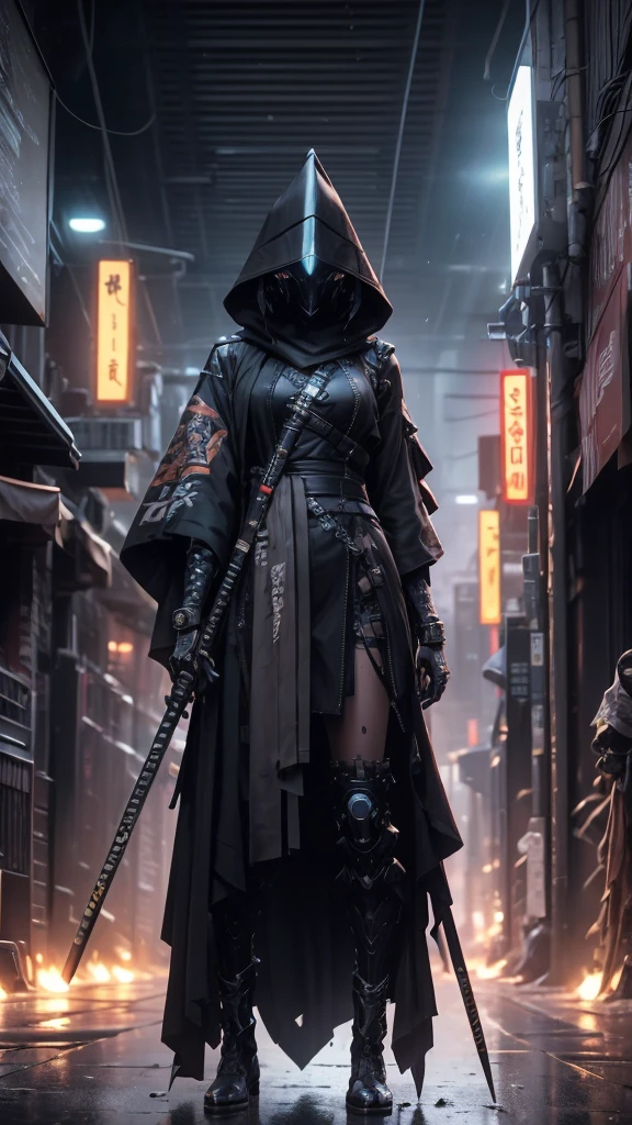 A nomadic robot, in the desert, wearing a messy shawl, holding a staff, wearing a large metal hat, rough, rusty, dusty body, thin frame, tall, cyberpunk, Cyborg., Surreal version of a woman holding a sword in her hand, very beautiful cyberpunk samurai, anime cyberpunk art, cyberpunk samurai, cyberpunk anime art, cyberpunk anime, cgsociety 9, technical cyberpunk anime art number, maciej's style kuciara.1girl, samurai armor, demon mask helmet, intricate decorations, details, cool colors, metallic, Egyptian details, extremely intricate details, sleek realistic lighting , trends in cgs society, glowing eyes, facing camera, neon details, surreal details, full body portraits, Japanese atmosphere, global illumination, shadows, octane rendering, 8k, super sharp. great lolita.fix body