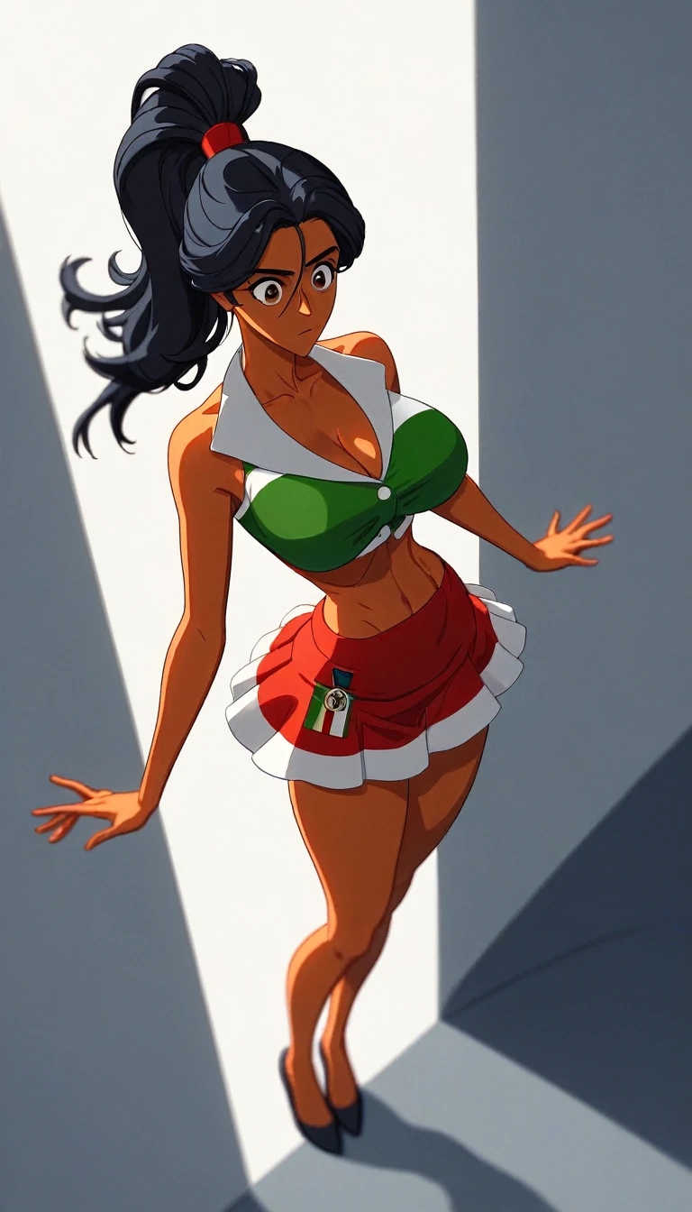 score_9, score_8_up, score_7_up, BREAK, (outdoor, summer day:1.2), head tilt back, leaning against wall, leg bend, cute, round face, long black twintail hair, alternative vibe, 25 year old, (Italian female:1.3), medium olive skin, high cheekbones, stunning brown eyes, extra large breasts, subtle cleavage, (cozy lounge), oversized white crop top, mini skirt, dynamic angle, vibrant lighting, high contrast, dramatic shadows, highly detailed, detailed skin, depth of field, film grain,