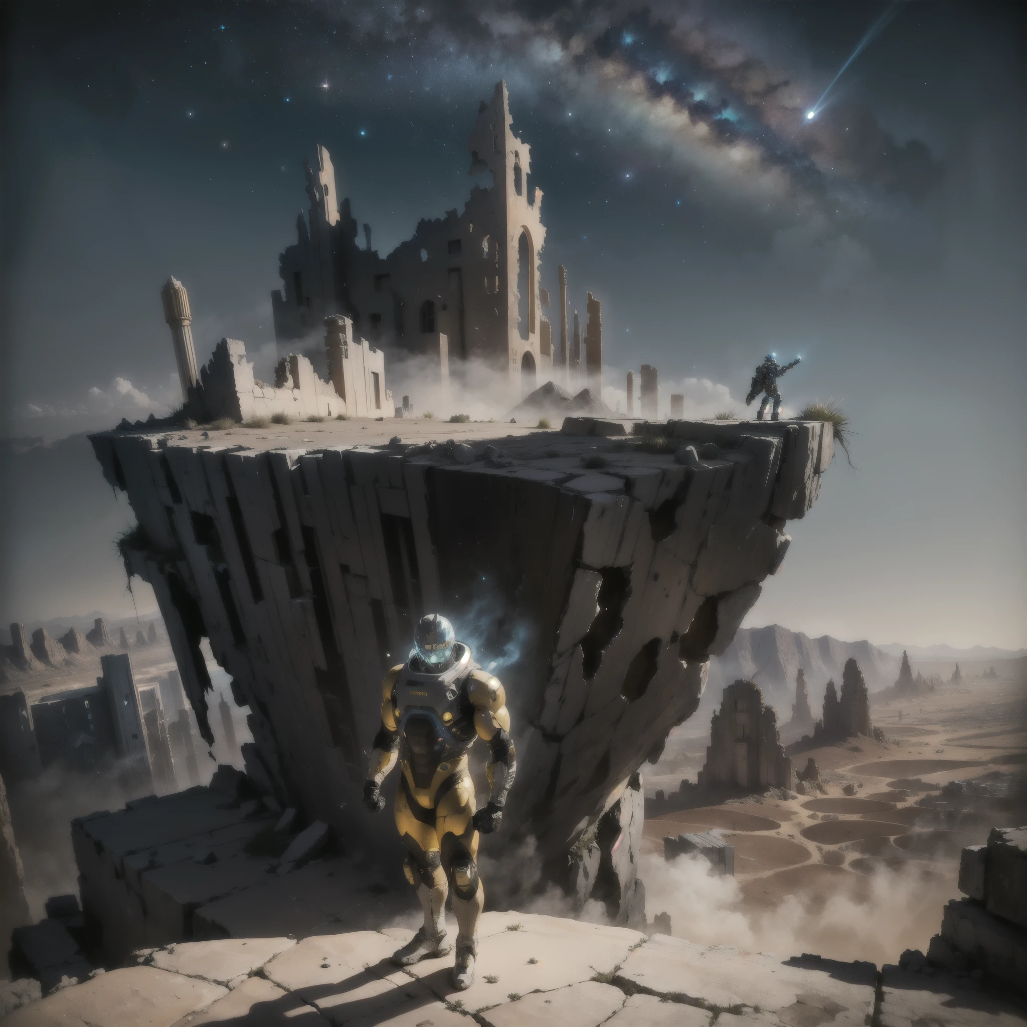 At the top of the mountain and on the edge of the cliff, a muscular man wearing a silver and yellow spacesuit, holding dumbbells with right hand, man looking at the camera, Beautiful feet, robotic style boots, perfekt teeth, perfect toes, perfects eyes, showing the entire body while standing. Under the cliff, Monsters slowly emerge from the ruins of a desolate city built in the desert, Going to the stars, cinematic lighting, melhorar, anáglifo, optical illusion from above, atmospheric perspective, ultra HD, 8K.