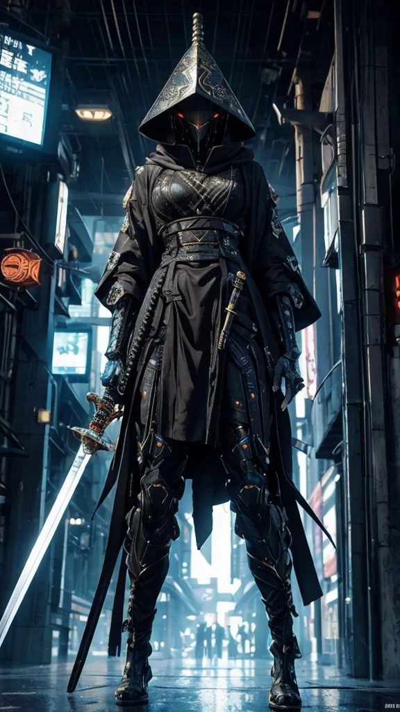 A nomadic robot, in the desert, wearing a messy shawl, holding a staff, wearing a large metal hat, rough, rusty, dusty body, thin frame, tall, cyberpunk, Cyborg., Surreal version of a woman holding a sword in her hand, very beautiful cyberpunk samurai, anime cyberpunk art, cyberpunk samurai, cyberpunk anime art, cyberpunk anime, cgsociety 9, technical cyberpunk anime art number, maciej's style kuciara.1girl, samurai armor, demon mask helmet, intricate decorations, details, cool colors, metallic, Egyptian details, extremely intricate details, sleek realistic lighting , trends in cgs society, glowing eyes, facing camera, neon details, surreal details, full body portraits, Japanese atmosphere, global illumination, shadows, octane rendering, 8k, super sharp. great lolita.fix body