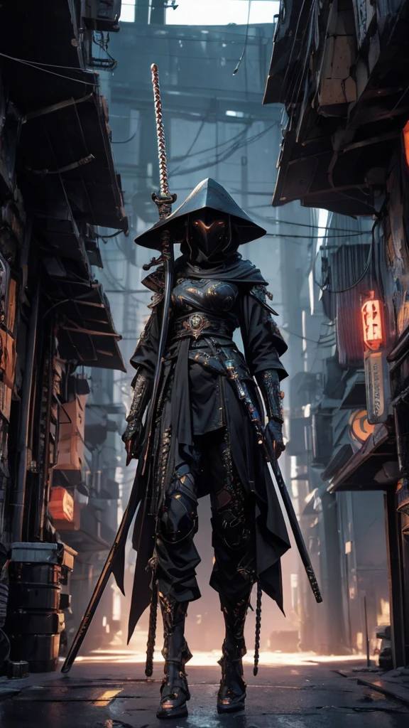 A nomadic robot, in the desert, wearing a messy shawl, holding a staff, wearing a large metal hat, rough, rusty, dusty body, thin frame, tall, cyberpunk, Cyborg., Surreal version of a woman holding a sword in her hand, very beautiful cyberpunk samurai, anime cyberpunk art, cyberpunk samurai, cyberpunk anime art, cyberpunk anime, cgsociety 9, technical cyberpunk anime art number, maciej's style kuciara.1girl, samurai armor, demon mask helmet, intricate decorations, details, cool colors, metallic, Egyptian details, extremely intricate details, sleek realistic lighting , trends in cgs society, glowing eyes, facing camera, neon details, surreal details, full body portraits, Japanese atmosphere, global illumination, shadows, octane rendering, 8k, super sharp. great ta.fix body