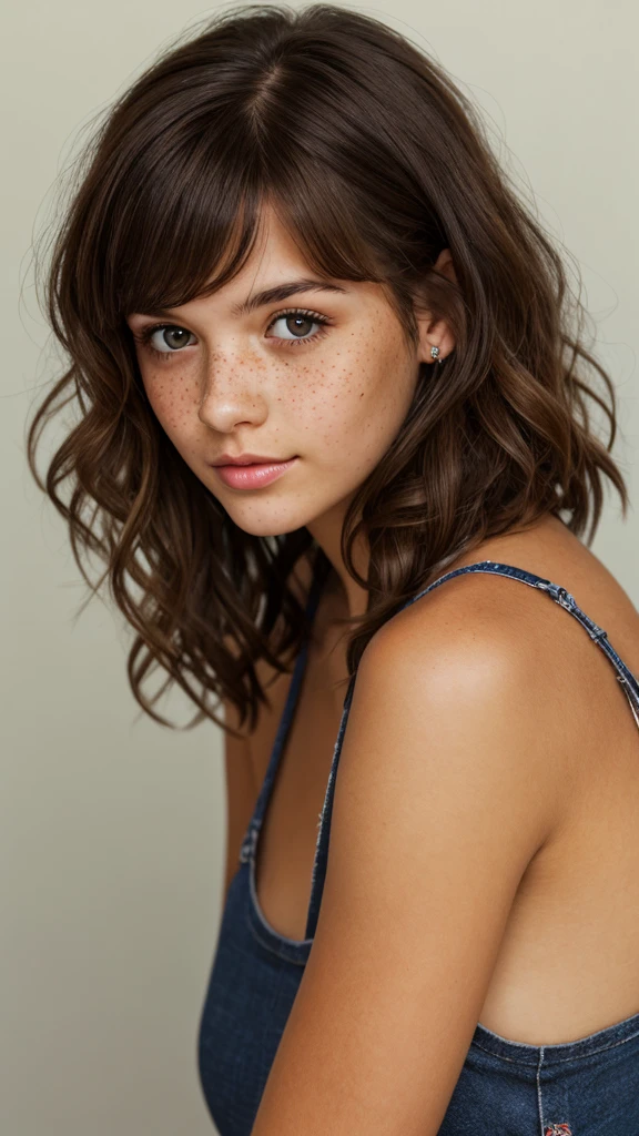 a girl with dark brown hair, short and curly, with freckles, no bangs. dark brown eyes