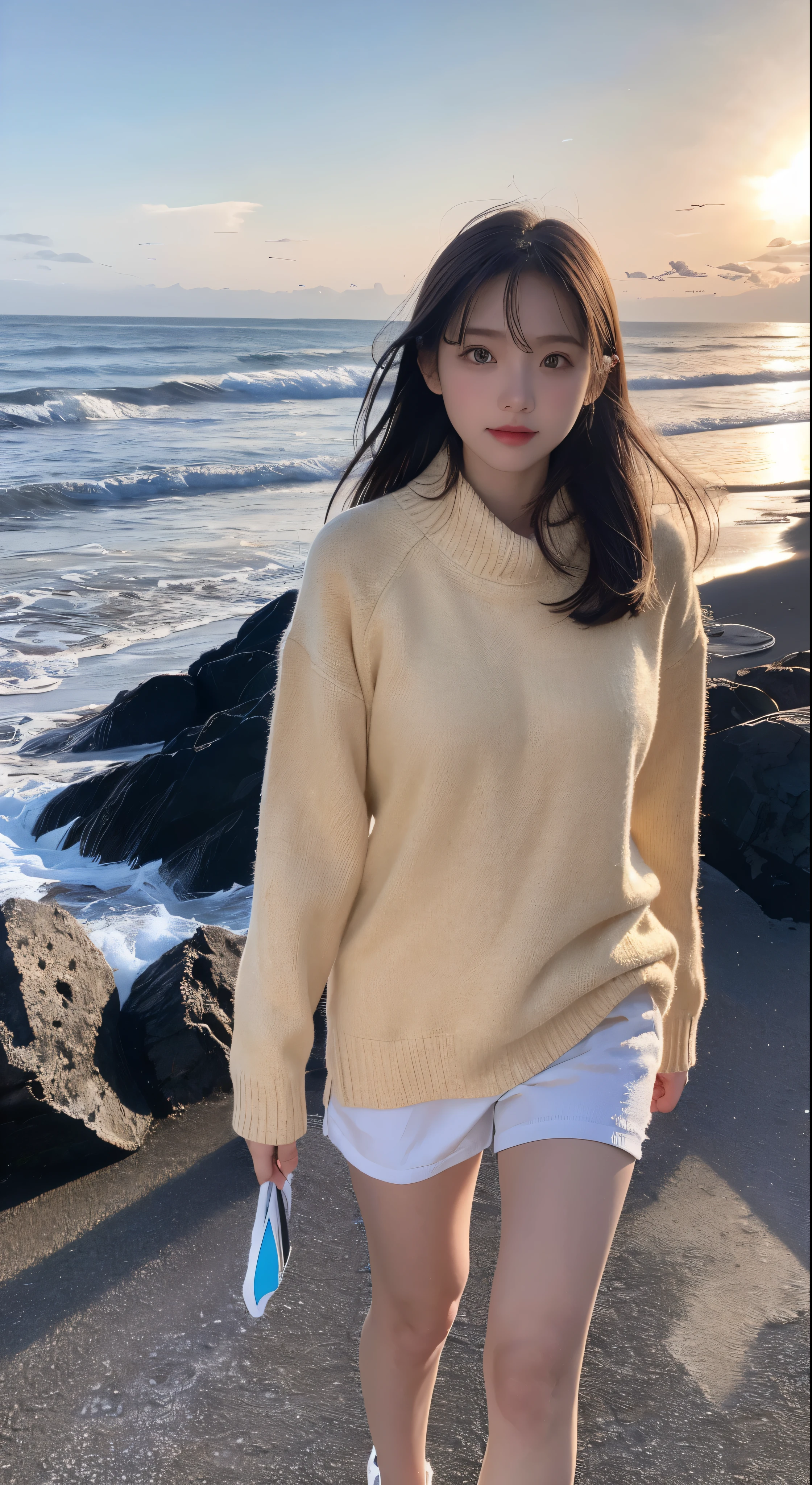 with high definition images，A girl walking along the seashore、Scenic mixed media piece(Photorealistic:1.3)Surrounded by。Wearing a cozy sweater、I&#39;M-san holding a fluffy pillow under her arm。Her solo video shows her with her lips parted and her mouth open.、It has a charm that attracts people&#39;s hearts.