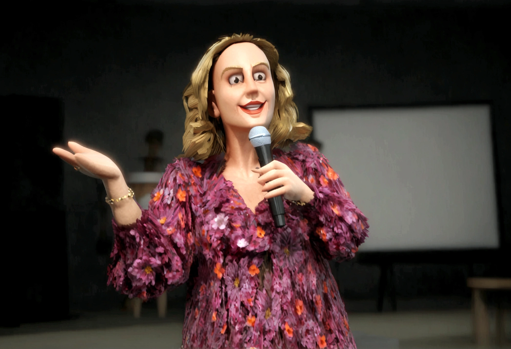 Cartoon character of a white woman with blonde hair, holding a microphone, dressed in a flowery dress, an animated character, stylized character, 3d stylized, Stylized 3D rendering, toon render screenshot, 3d character, 3d character, Stylized 3D rendering, 3D character rendering, cartoon character, Personagem de close up, character posing