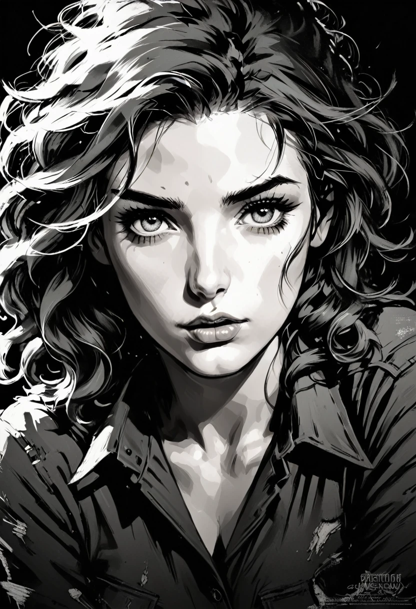 A woman in a situation?, sketch, black and white and amber to teal color palette, detailed features, cute, vintage style, high contrast lighting, expressive eyes, tousled hair. (best quality, high res, realistic:1.37), vintage, monochrome, intense gaze, dramatic lighting, rugged background, distressed paper texture, retro vibes, id photo, front view