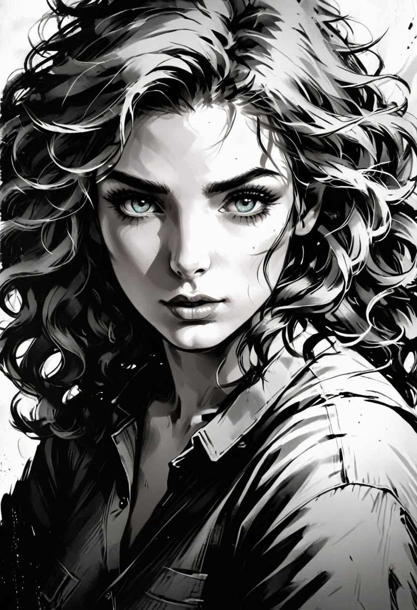 A woman in a situation?, sketch, black and white and amber to teal color palette, detailed features, cute, vintage style, high contrast lighting, expressive eyes, tousled hair. (best quality, high res, realistic:1.37), vintage, monochrome, intense gaze, dramatic lighting, rugged background, distressed paper texture, retro vibes, id photo, front view