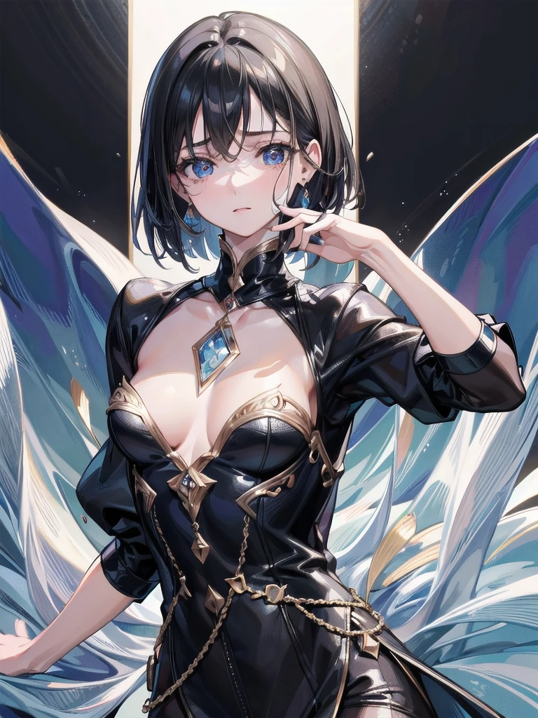 absurdres, RAW photo, extremely delicate and beautiful, masterpiece, Best Quality, ultra high resolution, 32k, hyperrealistic, ultra-detailed, perfect figure, in her 20s, very small head, very small face, delicate facial features, tearful mole, earring, medium breasts, full body shot, medium hair, black hair, Detective costume,