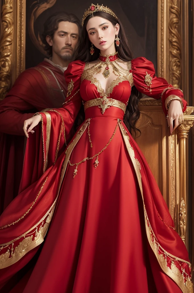 The image follows the Renaissance drawing or Renaissance painting style. CLOSE UP on the intense red dress, adorned with gold details. Long sleeves that blend with a transparent fabric. Decote sexy. full of precious stones. far away, the skirt is full, made for a true princess. 