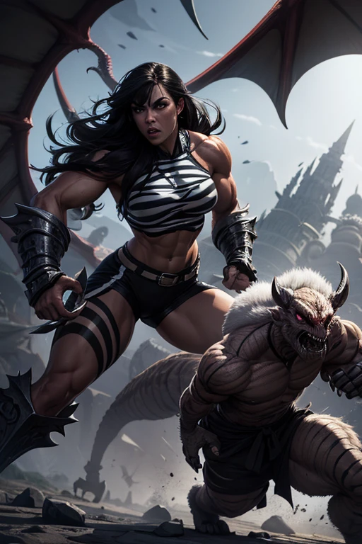 A muscle girl wearing only a brassier and tight shorts with black and white stripes holding a berserk and fighting dragons and other nizarre creatures.