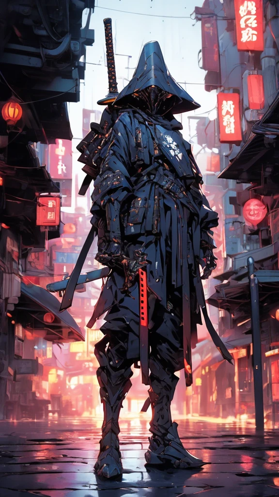 A nomadic robot, in the desert, wearing a messy shawl, holding a staff, wearing a large metal hat, rough, rusty, dusty body, thin frame, tall, cyberpunk, Cyborg., Surreal version of a woman holding a sword in her hand, very beautiful cyberpunk samurai, anime cyberpunk art, cyberpunk samurai, cyberpunk anime art, cyberpunk anime, cgsociety 9, technical cyberpunk anime art number, maciej's style kuciara.1girl, samurai armor, demon mask helmet, intricate decorations, details, cool colors, metallic, Egyptian details, extremely intricate details, sleek realistic lighting , trends in cgs society, glowing eyes, facing camera, neon details, surreal details, full body portraits, Japanese atmosphere, global illumination, shadows, octane rendering, 8k, super sharp. great ta.fix body