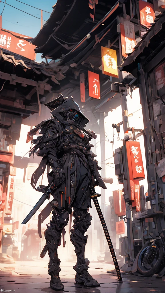 A nomadic robot, in the desert, wearing a messy shawl, holding a staff, wearing a large metal hat, rough, rusty, dusty body, thin frame, tall, cyberpunk, Cyborg., Surreal version of a woman holding a sword in her hand, very beautiful cyberpunk samurai, anime cyberpunk art, cyberpunk samurai, cyberpunk anime art, cyberpunk anime, cgsociety 9, technical cyberpunk anime art number, maciej's style kuciara.1girl, samurai armor, demon mask helmet, intricate decorations, details, cool colors, metallic, Egyptian details, extremely intricate details, sleek realistic lighting , trends in cgs society, glowing eyes, facing camera, neon details, surreal details, full body portraits, Japanese atmosphere, global illumination, shadows, octane rendering, 8k, super sharp. great lolita.fix body