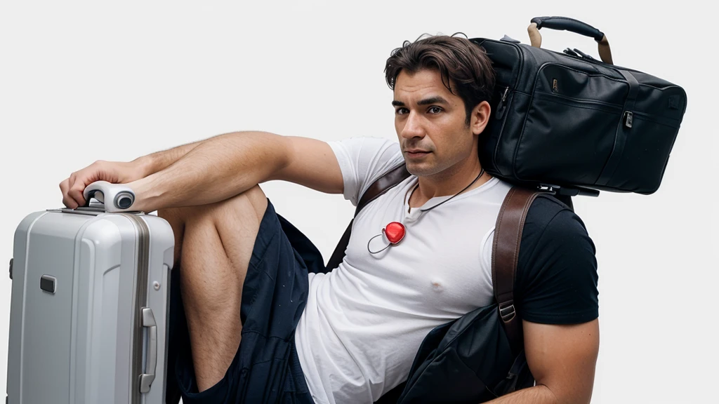 Photograph of tourist man with white background with suffering look carrying several large and heavy suitcases