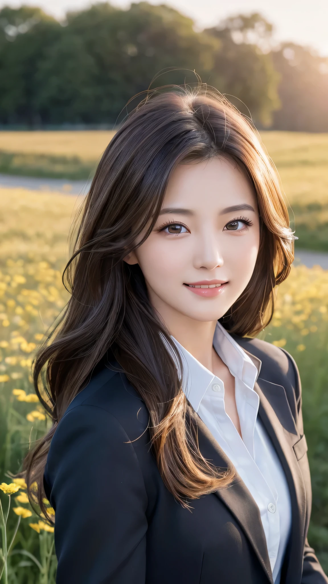 highest quality、genuine、Super detailed、finely、High resolution、8k wallpaper、one beautiful woman、、、light brown disheveled hair、wearing a business suit、sharp focus、perfect dynamic composition、beautiful and detailed eyes、thin hair、Detailed genuine skin texture、smile、model body shape、In a windswept meadow
