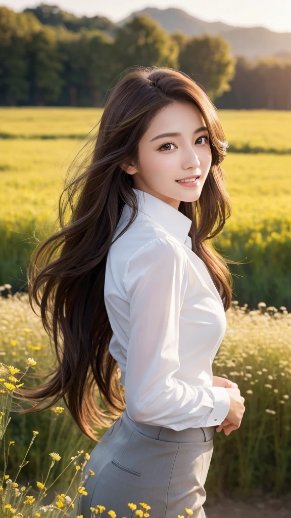 highest quality、genuine、Super detailed、finely、High resolution、8k wallpaper、one beautiful woman、、、light brown disheveled hair、wearing a business suit、sharp focus、perfect dynamic composition、beautiful and detailed eyes、thin hair、Detailed genuine skin texture、smile、model body shape、In a windswept meadow