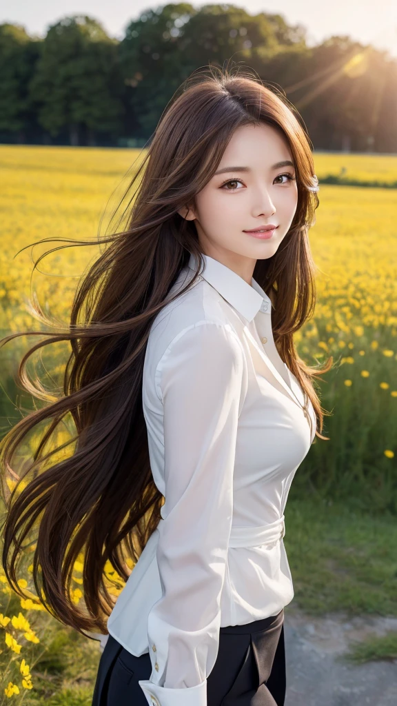 highest quality、genuine、Super detailed、finely、High resolution、8k wallpaper、one beautiful woman、、、light brown disheveled hair、wearing a business suit、sharp focus、perfect dynamic composition、beautiful and detailed eyes、thin hair、Detailed genuine skin texture、smile、model body shape、In a windswept meadow