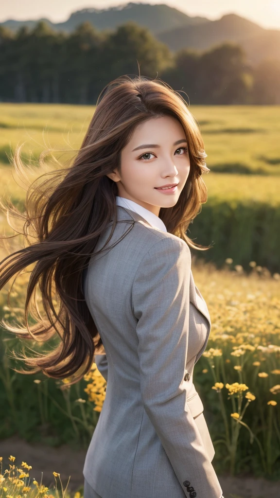 highest quality、genuine、Super detailed、finely、High resolution、8k wallpaper、one beautiful woman、、、light brown disheveled hair、wearing a business suit、sharp focus、perfect dynamic composition、beautiful and detailed eyes、thin hair、Detailed genuine skin texture、smile、model body shape、In a windswept meadow