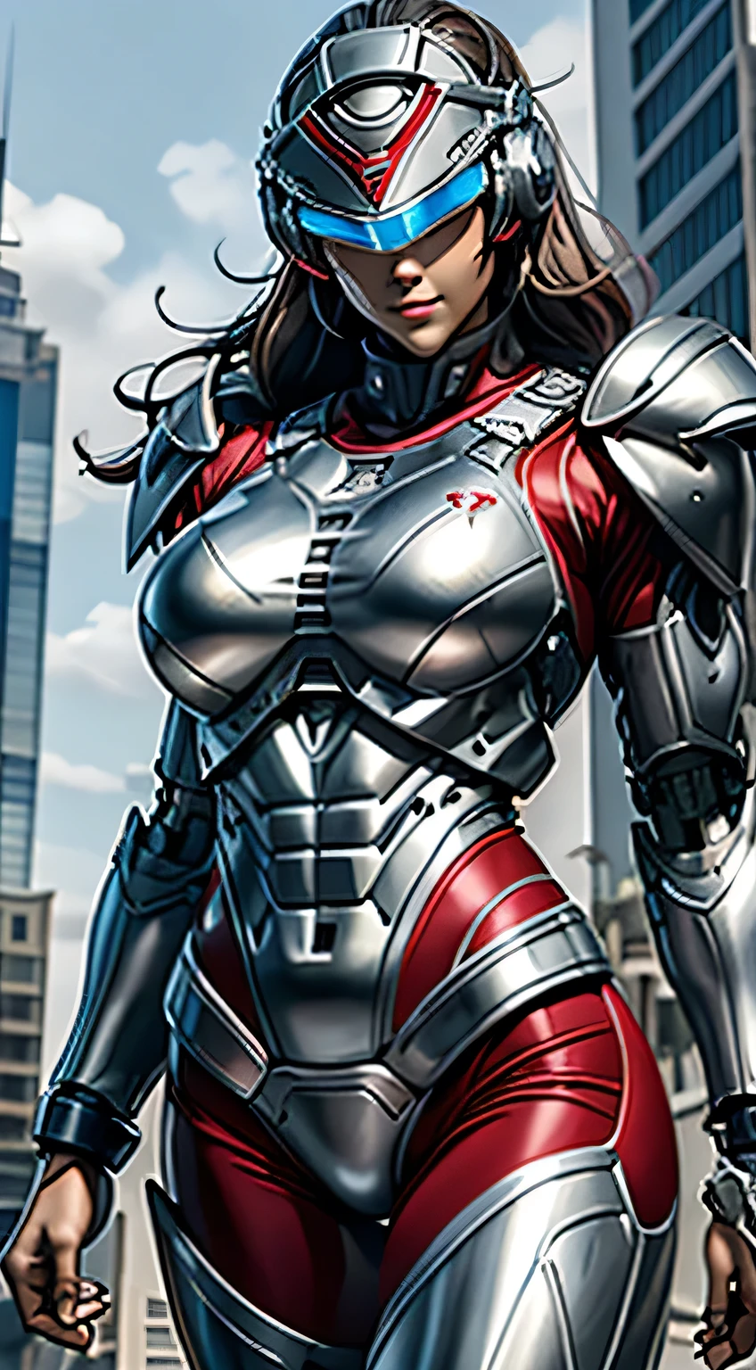 Female Robocop Solo、Bright outdoors、strong light source、8K, high quality, masterpiece, 最high quality, Crisp contrast、Very detailed、Full body armor、Very large armor、Helmet covering the head、Clear photos、His eyes are hidden by thin straight goggles:1.3、The lower half of the face is raw々Shii:1.5、The lower half of the face is exposed、Seductive lips、White metallic armor、Red accents、Armor that completely covers the chest、Long, slender legs、Vibrant Posselo Body View,Big and ample breasts:1.5, (Sports Body:1.5)、Five Fingers、Hold a handgun、In the city