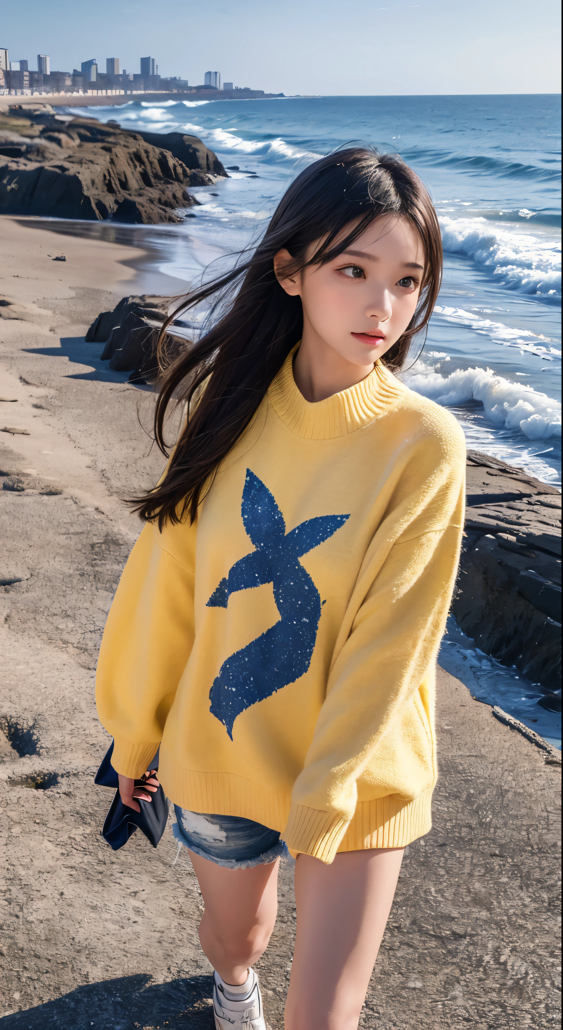 with high definition images，A girl walking along the seashore、Scenic mixed media piece(Photorealistic:1.3)Surrounded by。The one wearing the comfy yellow sweater、I&#39;m an actress wearing a fluffy sweater and denim pants。Her solo video shows her smiling face.、It has a charm that attracts people&#39;s hearts.，Full-body high-resolution images show facial details
