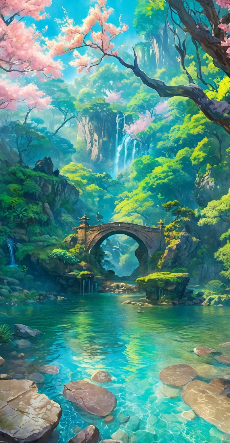 Chinese ancient times, spring, jungle, lake, cave, waterfall, tree, meadow, rock, deer, hot spring, water vapor, (illustration: 1.0), epic composition, realistic lighting, HD details, masterpiece, best quality, (very detailed CG unified 8k wallpaper), digital painting, локация, локация из игры, большая локация, светящиеся эффекты на заднем плане, туман на первом плане с эффектами сияния, красочное, нет персонажей, без персонажей, только локация, милый стиль, аниме стиль,