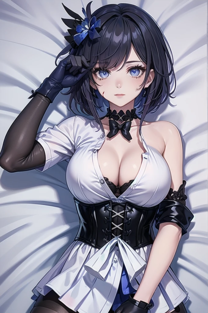 ((blood droplets)), ((blood)), ((blood splatter)), ((blood on clothes)), ((blood stain)), Masterpiece, Beautiful art, professional artist, 8k, Very detailed face, Detailed clothing, detailed fabric, 1 girl, Soul Fullness \(Honkai Impact 3rd\), View from above, lying on a bed, BIG BREASTS, perfectly drawn body, shy expression, pale skin, beautiful face, short dark blue hair, 4k eyes, very detailed eyes, pink cheeks, choker:1.6, (white long sleeve button down shirt with white collar), black gloves, gloves that cover hands, (holds an ax with his right hand), (black leather corset), (shiny black tight mini skirt), Sensual Lips , show details in the eyes, looking at the viewer, elegant room, At night