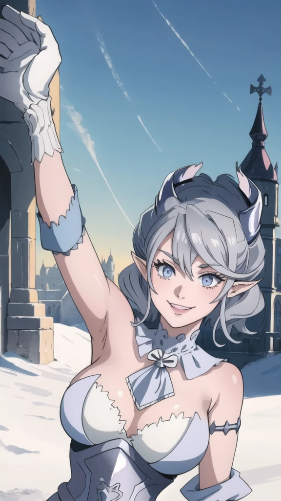 Beautiful arts wallpaper Sunset Outside castle top High level image quality best image quality 8K adult woman silver castle outside more colors whole body view portrait bikini blue horn ears short hair((shortcut)(gray hair)(perm)(fluffy)) eye color is blue , , attractive evil face , smile , heroic stance , labrynth , barearm ,gloves , wearing pink , on ground ,
