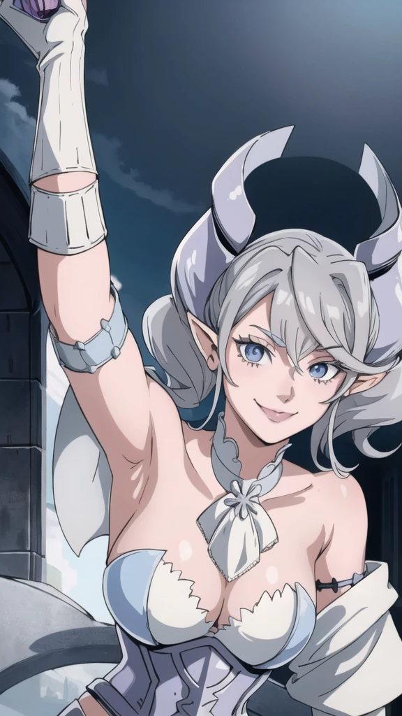 Beautiful arts wallpaper Sunset Outside castle top  High level image quality　best image quality　8K　 adult woman   silver castle outside  more colors   whole body view　portrait　 bikini blue   　horn    ears  　short hair（（shortcut）（gray hair）（perm）（fluffy））　eye color is blue ,  , 　attractive evil face , smile   ,  heroic stance   ,  labrynth ,  barearm  ,gloves   , wearing pink   , on ground , 