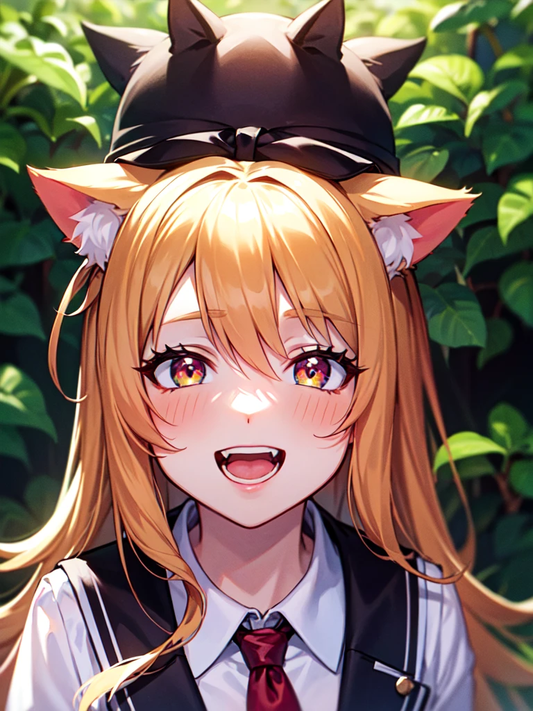 hair over shoulder, wavy hair, hair strand, shiny hair, blonde hair, eye reflection, glowing eyes, slit pupils, amber eyes, cat ears, smile, blush, glint, happy, anime, anime style, En plein air, high detail, cinematic lighting, ray tracing, reflection light, masterpiece, accurate, anatomically correct, super detail, high details, high quality, best quality, highres, 4K