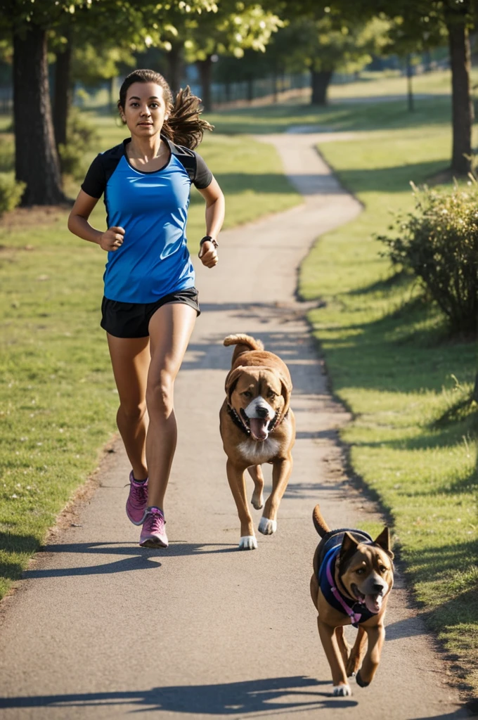 A girl running with her dog

