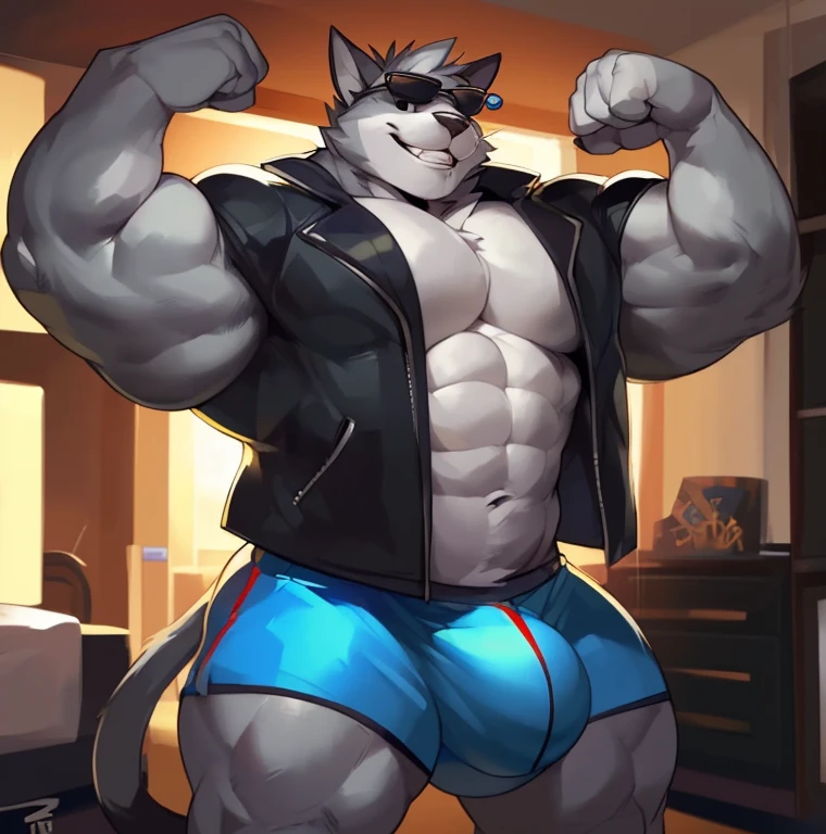 Solo, Anthro, male (((grey cat, black eyes, black pupils, muscular, big pecs, big thighs, huge biceps, huge muscles, abs, cat whiskers, grey fur, grey body, grey hair, teeth, black eyebrows, tail, big bulge, black jacket, blue shorts))) standing, bedroom, bed, bookcase, full body, perfect anatomy, by darkgem, by mystikfox61, by glitter trap boy, flexing, cat, wearing sunglasses, big