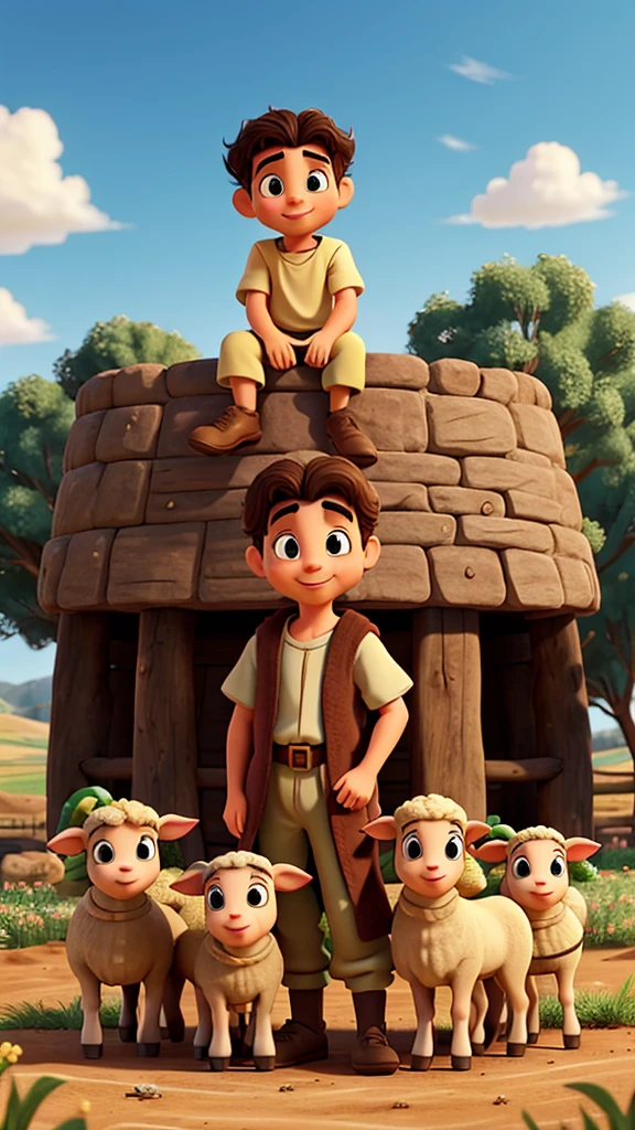 create Disney-style cartoon images of the 11 brother of Joseph, son of Jacob from the Bible with sheep in the field