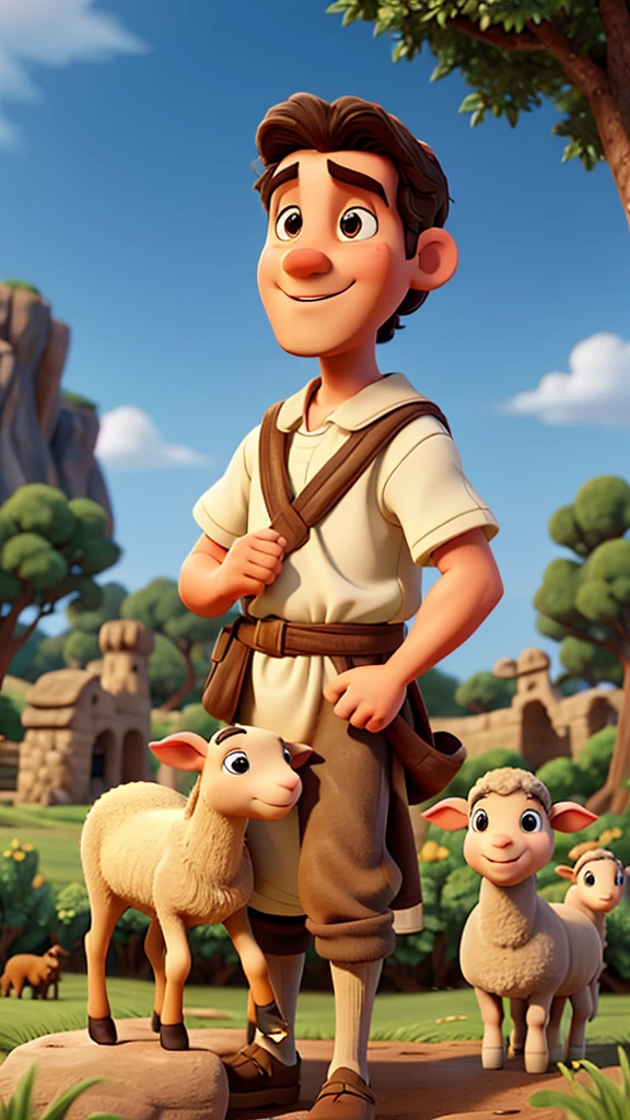 create Disney-style cartoon images of the 11 brother of Joseph, son of Jacob from the Bible with sheep in the field