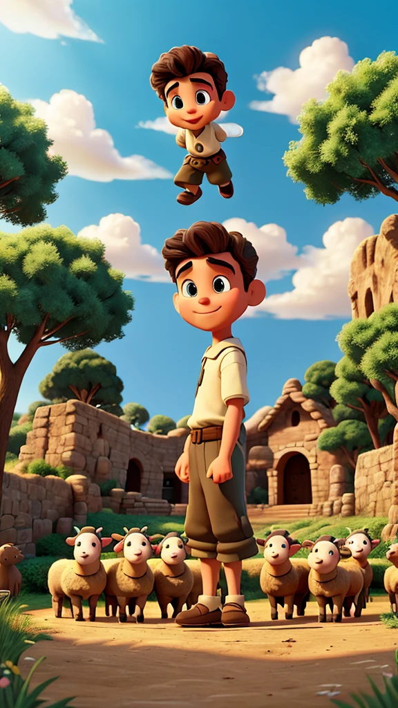 create Disney-style cartoon images of the 11 brother of Joseph, son of Jacob from the Bible with sheep in the field