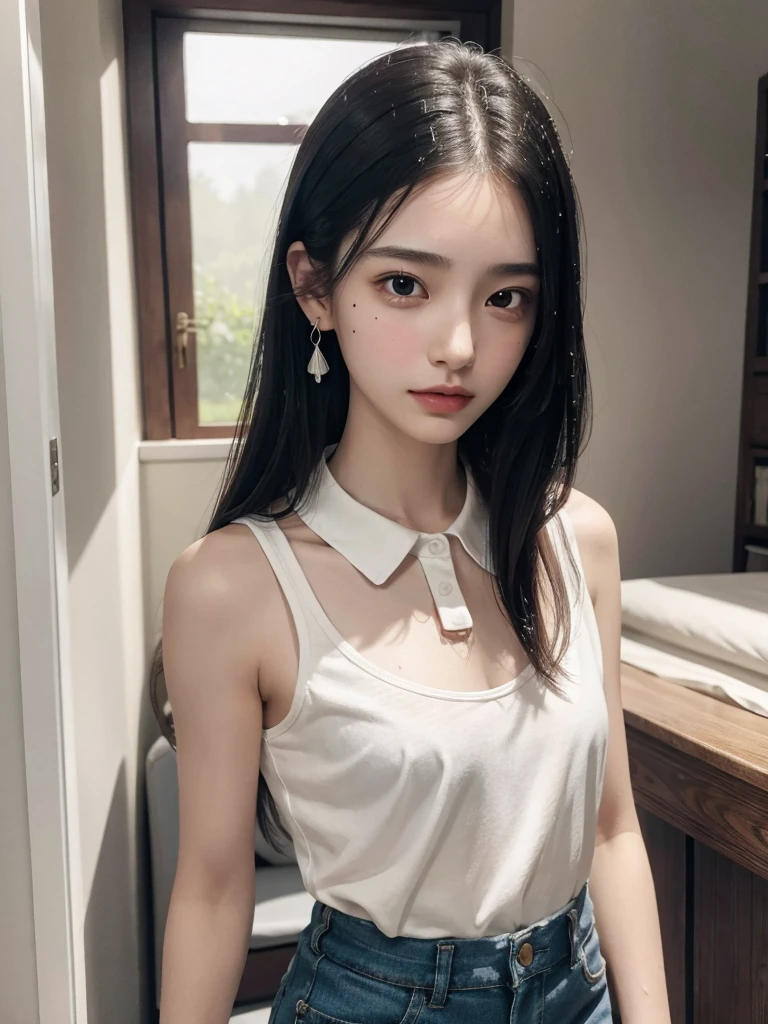absurdres, RAW photo, extremely delicate and beautiful, masterpiece, Best Quality, ultra high resolution, 32k, hyperrealistic, ultra-detailed, perfect figure, in her 20s, very small head, very small face, delicate facial features, tearful mole, earring, big breasts, (full body shot), medium hair, black hair, sleeveless collared shirt, shorts, wet clothes,