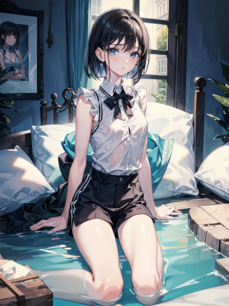 absurdres, RAW photo, extremely delicate and beautiful, masterpiece, Best Quality, ultra high resolution, 32k, hyperrealistic, ultra-detailed, perfect figure, in her 20s, very small head, very small face, delicate facial features, tearful mole, earring, medium breasts, full body shot, medium hair, black hair, sleeveless collared shirt, shorts, wet clothes,