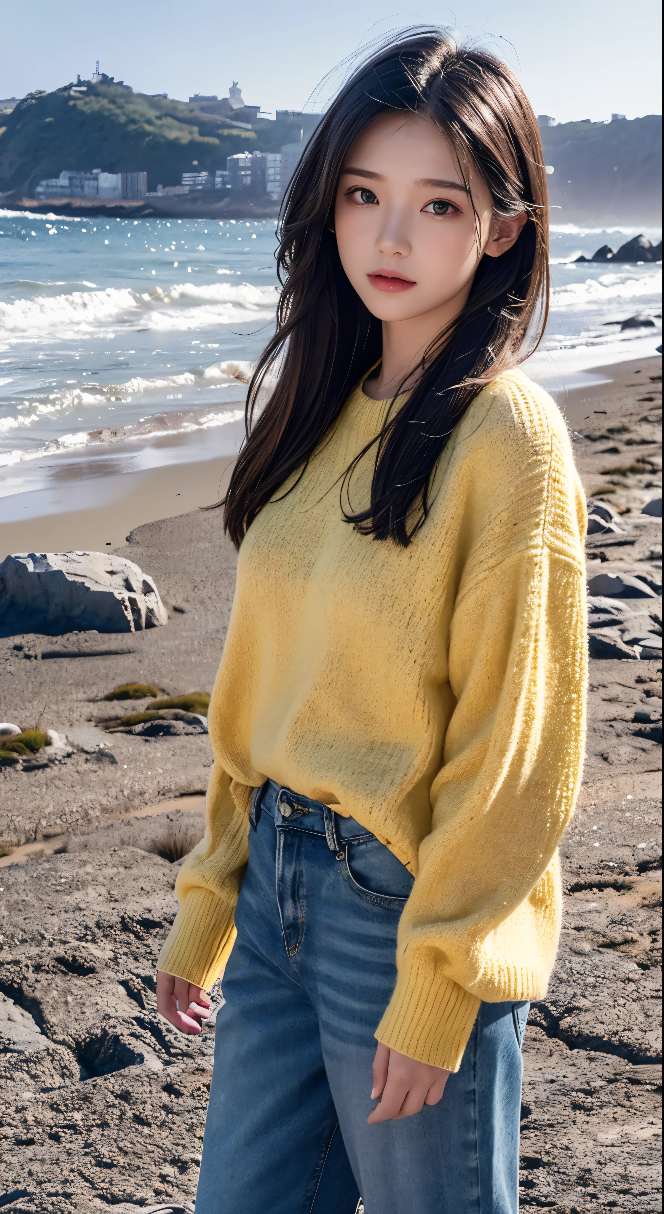 with high definition images，A girl walking along the seashore、Scenic mixed media piece(Photorealistic:1.3)Surrounded by。The one wearing the comfy yellow sweater、I&#39;m an actress wearing a fluffy sweater and denim pants。Her solo video shows her smiling face.、It has a charm that attracts people&#39;s hearts.，Full-body high-resolution images show facial details