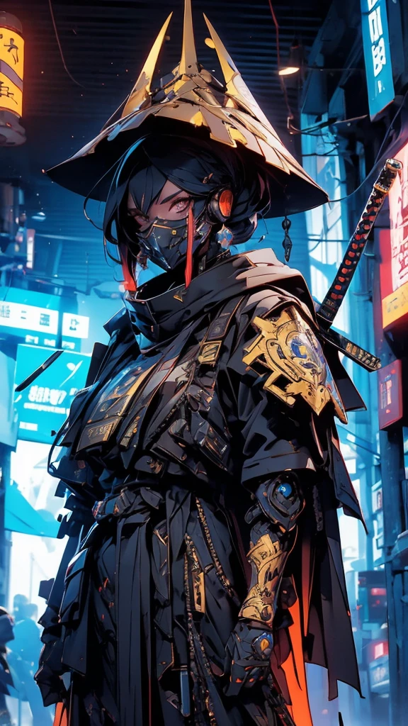 A nomadic robot, in the desert, wearing a messy shawl, holding a staff, wearing a large metal hat, rough, rusty, dusty body, thin frame, tall, cyberpunk, Cyborg., Surreal version of a woman holding a sword in her hand, very beautiful cyberpunk samurai, anime cyberpunk art, cyberpunk samurai, cyberpunk anime art, cyberpunk anime, cgsociety 9, technical cyberpunk anime art number, maciej's style kuciara.1girl, samurai armor, demon mask helmet, intricate decorations, details, cool colors, metallic, Egyptian details, extremely intricate details, sleek realistic lighting , trends in cgs society, glowing eyes, facing camera, neon details, surreal details, full body portraits, Japanese atmosphere, global illumination, shadows, octane rendering, 8k, super sharp. great lolita.fix body
