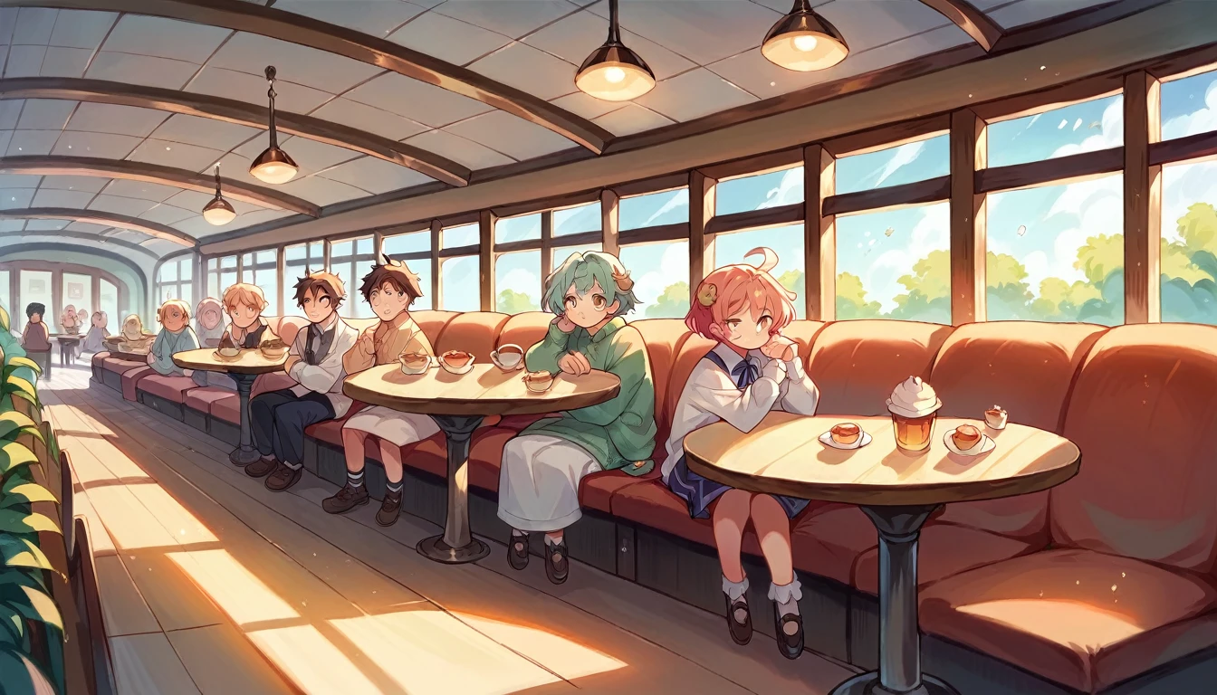 There is a picture of a restaurant with many tables and chairs, cozy Cafe background, Studio Greeble Makoto Shinkai, pleasant Cozy atmosphere, Cafe interior, Makoto Shinkai&#39;s Style, Anime Background Art, ( ( makoto shinkai ) ), makoto shinkai. —h 2160, Cozy atmosphere, Cafe, Sunny atmosphere, JBowser