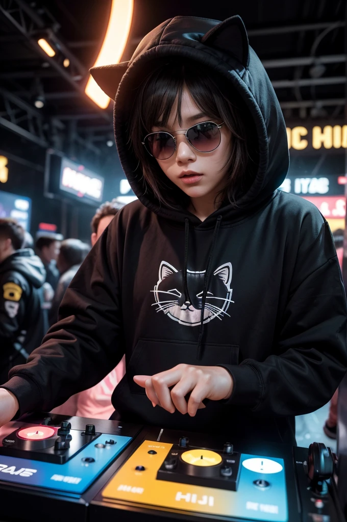 Create an ultra-realistic 4K photo of a DJ cat. The cat is wearing large, high-quality headphones, a stylish hoodie with the hood up, and reflective, dark sunglasses. The setting is a vibrant DJ booth with colorful LED lights and a high-tech mixing board. The cat has a serious, focused expression as it expertly mixes music, with its paws on the turntables. The background includes a lively, blurred crowd enjoying the music.",
  "size": "1024x1024"