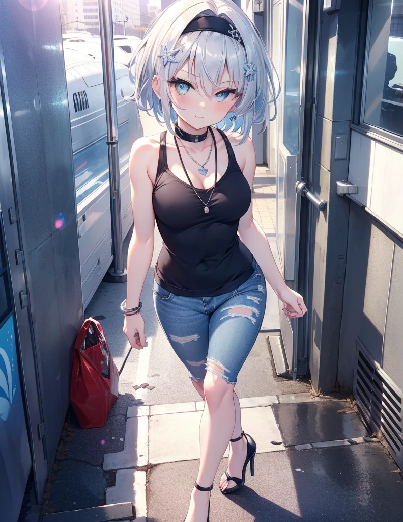 Sora Ginko, null　silver,short hair, Silver Hair, blue eyes, hair band,happy smile, smile, Open your mouth,Blue Tank Top,Heart Necklace,Skinny jeans,Stiletto heels,Daytime,Clear skies,Walking,whole bodyがイラストに入るように,　　　　　　　　　　　　　　　　　　break looking at viewer, whole body, 　　　　　　　　break outdoors, Building district, 　　　　　　　　　　　break (masterpiece:1.2), Highest quality, High resolution, unity 8k wallpaper, (shape:0.8), (Beautiful and beautiful eyes:1.6), Highly detailed face, Perfect lighting, Extremely detailed CG, (Perfect hands, Perfect Anatomy),ginkgo, blue eyes, Silver Hair, 