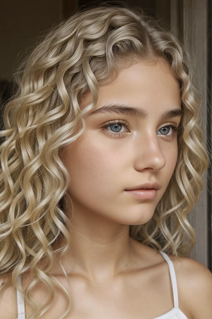 A girl, White skin, grey eyes, greek nose, dirty blonde curly hair with a platinum strand on top, parts