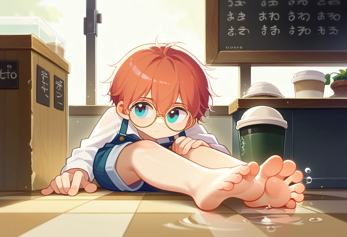 Kizi, in floor, no censure, small, fly away, , showing the feet to the viewer, gazing at viewer, naked, gozo, latte na boca, latte nas solas, latte, o cabelo dela é rot, wearing a shirt and shorts, Caucasian skin, Wears round glasses, gazing at viewer, soles for the spectator, soles towards the spectator, , fly away, water drops, litter, rot, cabelo curto rot, half curly, reddish hair, white blouse with green print on the chest, gazing at viewer, FRONT VIEW