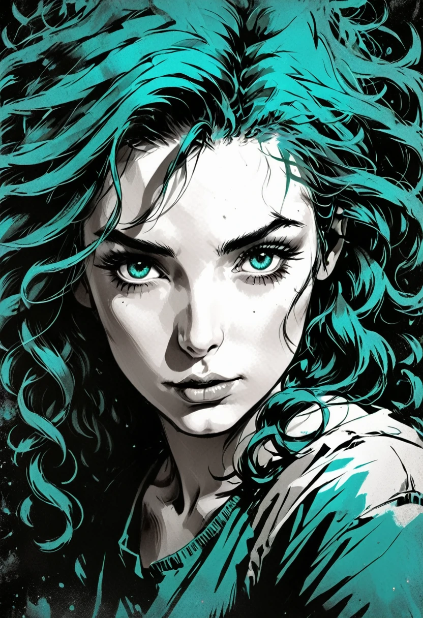 A woman in a situation?, sketch, amber to teal color palette, detailed features, cute, vintage style, high contrast lighting, expressive eyes, tousled hair. (best quality, high res, realistic:1.37), vintage, monochrome, intense gaze, dramatic lighting, rugged background, distressed paper texture, retro vibes, id photo, front view