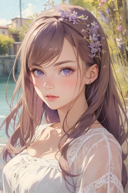 ((best quality)), ((masterpiece)), (detailed), realistic perfect face a cute 18 years old girl realistic lilac eyes, long colour brown hair, normal clothes