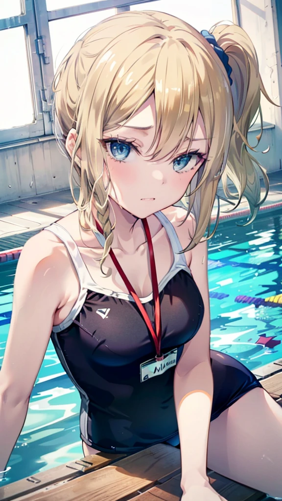 swimming uniform，Lie down，cleavage，Bare shoulders，white thighhighs