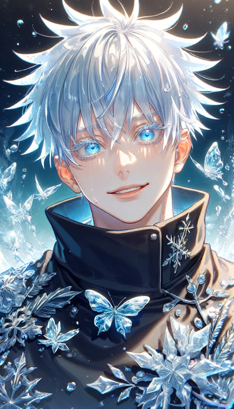 absurdres, highres, ultra detailed, HDR, master piece, best quality, extremely detailed face, delicated features, Gojou Satoru, white hair, with bangs, expressive blue eyes, white eyelashes, Jujutsu Kaisen, sexy man, solo, handsome, smiling, black coat, fantasy, magical, ice, ice butterflies, snowflakes, starry night, ice style