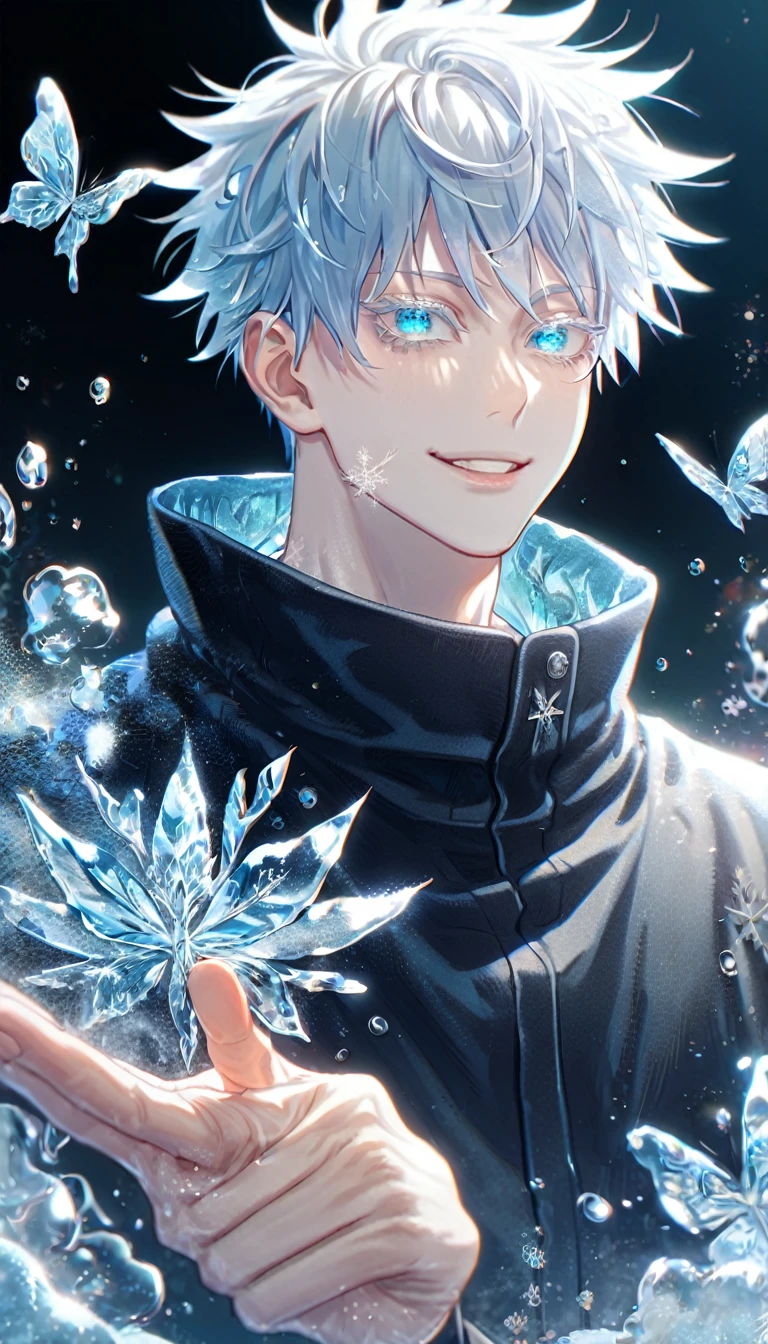 absurdres, highres, ultra detailed, HDR, master piece, best quality, extremely detailed face, delicated features, Gojou Satoru, white hair, with bangs, expressive blue eyes, white eyelashes, Jujutsu Kaisen, sexy man, solo, handsome, smiling, black coat, fantasy, magical, ice, ice butterflies, snowflakes, starry night, ice style
