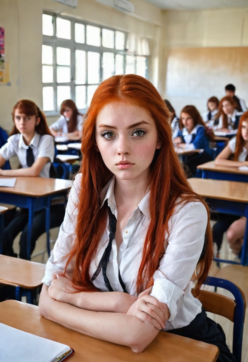 sitting at a table with red hair, Sexy photo of a very young sexy woman,  girl with messy red hair, Beautiful redhead, juicy figure, big breasts, wonderful big eyes and full lips, at school , In the classroom context,  Attire, She is angry, bothers, Angry, sits at the table, Beautiful  